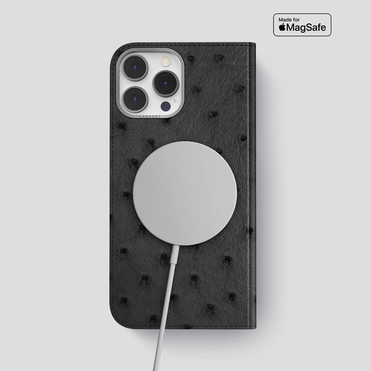 Black iPhone 15 Pro Max Folio Case Ostrich with Steel Metal -3 | Black-Steel