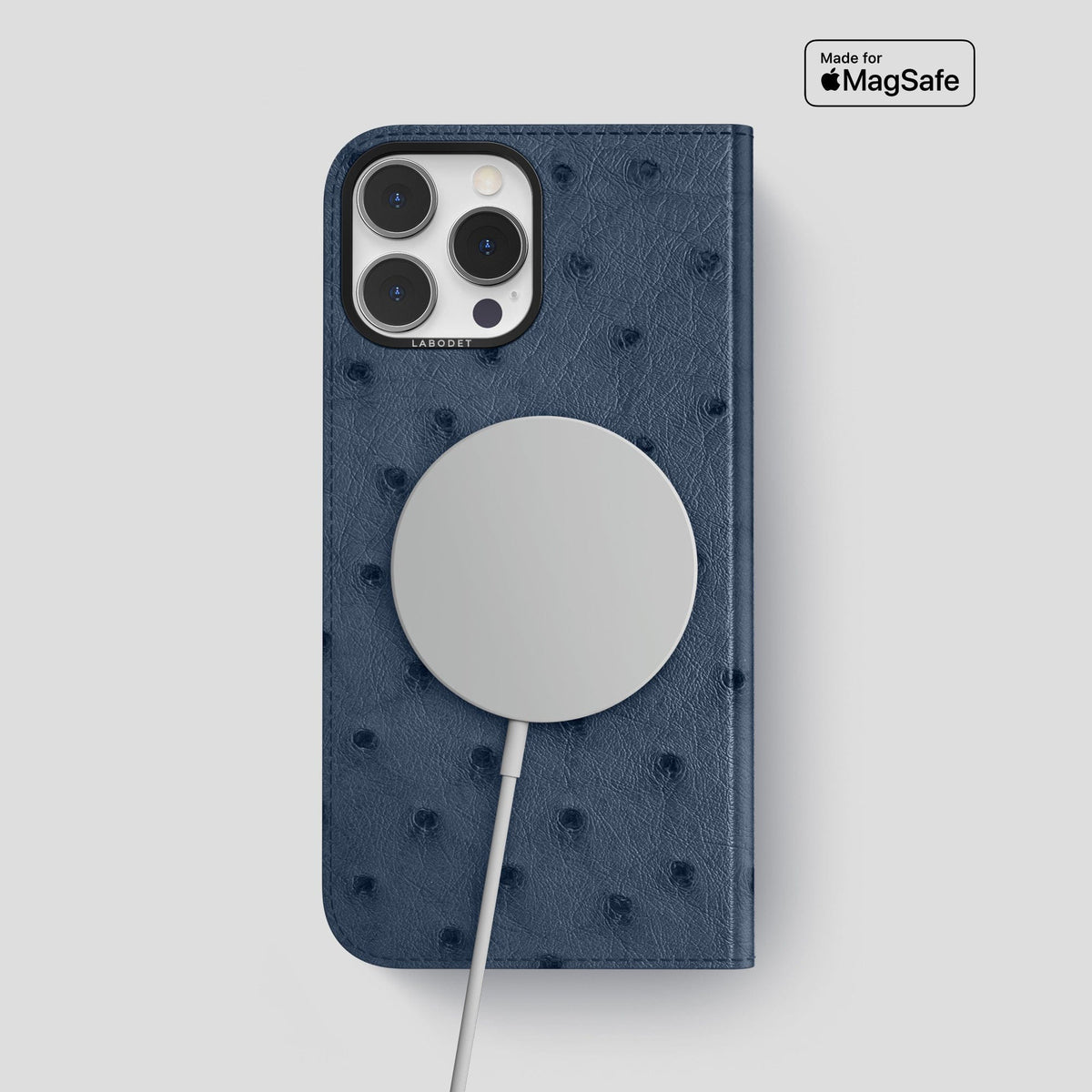 Navy-Blue iPhone 15 Pro Max Folio Case Ostrich with Black Metal -3 | Navy-Blue-Black