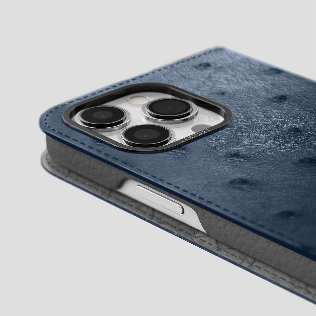 Navy-Blue iPhone 15 Pro Max Folio Case Ostrich with Black Metal -5 | Navy-Blue-Black
