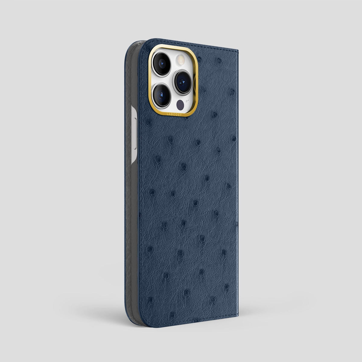 Navy-Blue iPhone 15 Pro Max Folio Case Ostrich with Gold Metal -1 | Navy-Blue-Gold