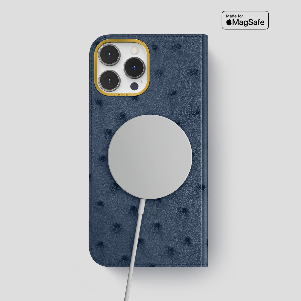 Navy-Blue iPhone 15 Pro Max Folio Case Ostrich with Gold Metal -3 | Navy-Blue-Gold