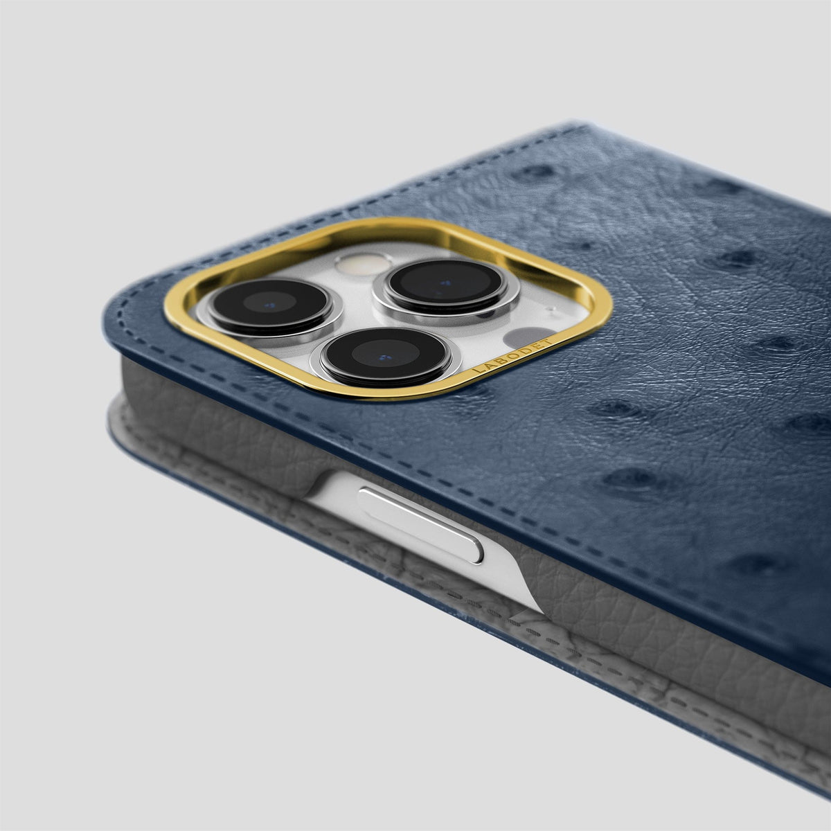 Navy-Blue iPhone 15 Pro Max Folio Case Ostrich with Gold Metal -5 | Navy-Blue-Gold