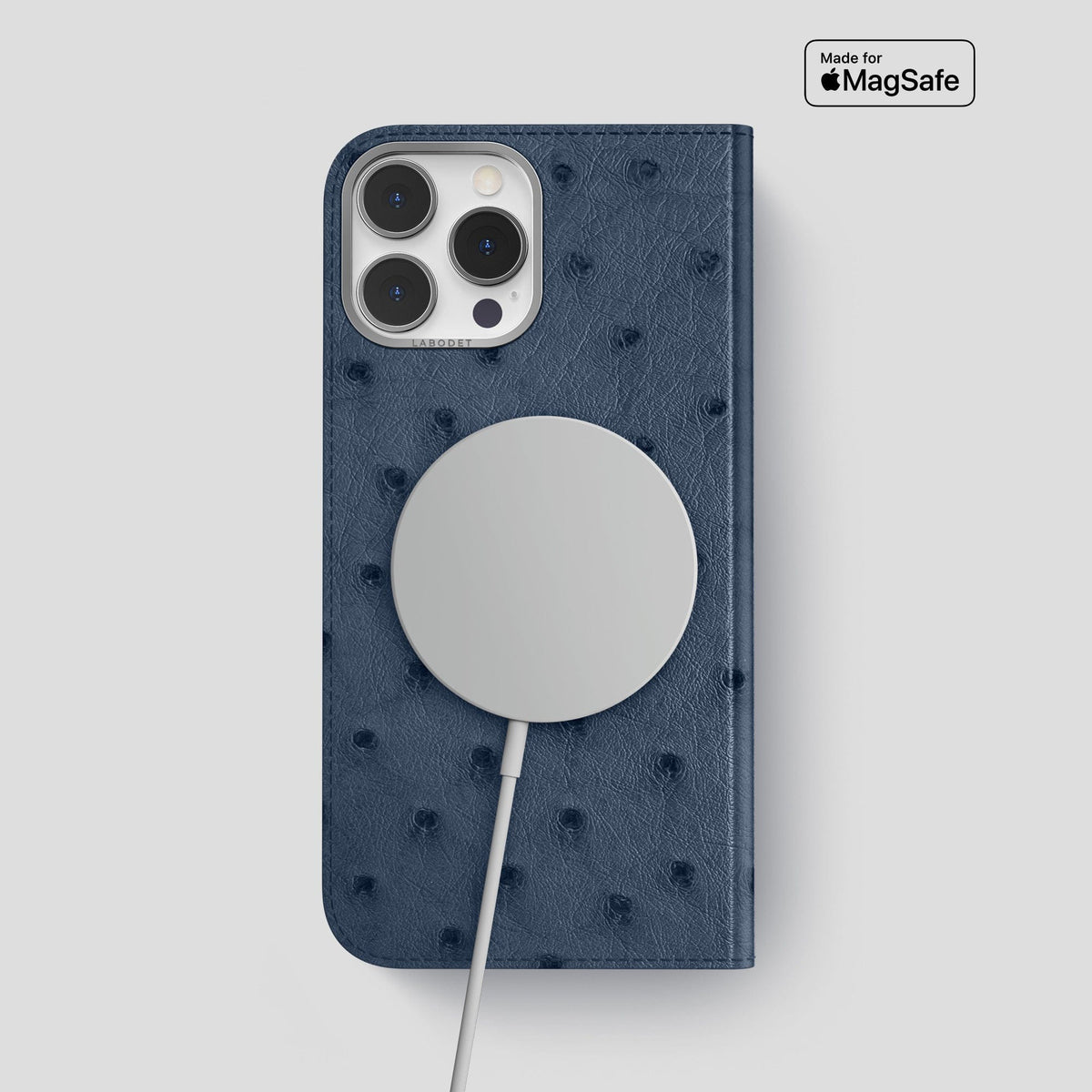 Navy-Blue iPhone 15 Pro Max Folio Case Ostrich with Steel Metal -3 | Navy-Blue-Steel