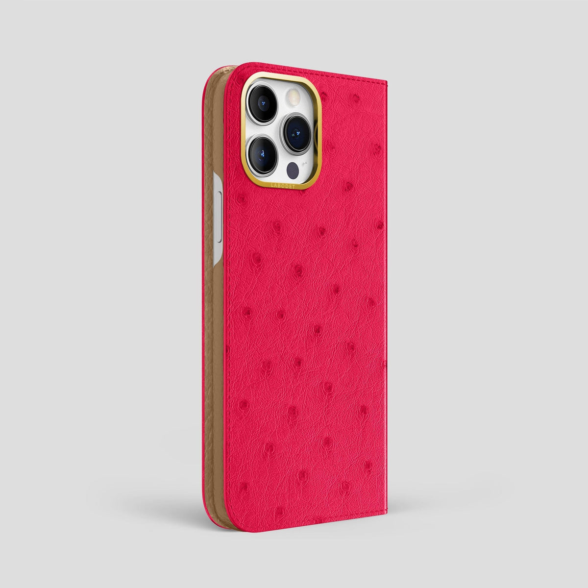 Bordeaux iPhone 15 Pro Max Folio Case Ostrich with Gold Metal -1 | Bordeaux-Gold