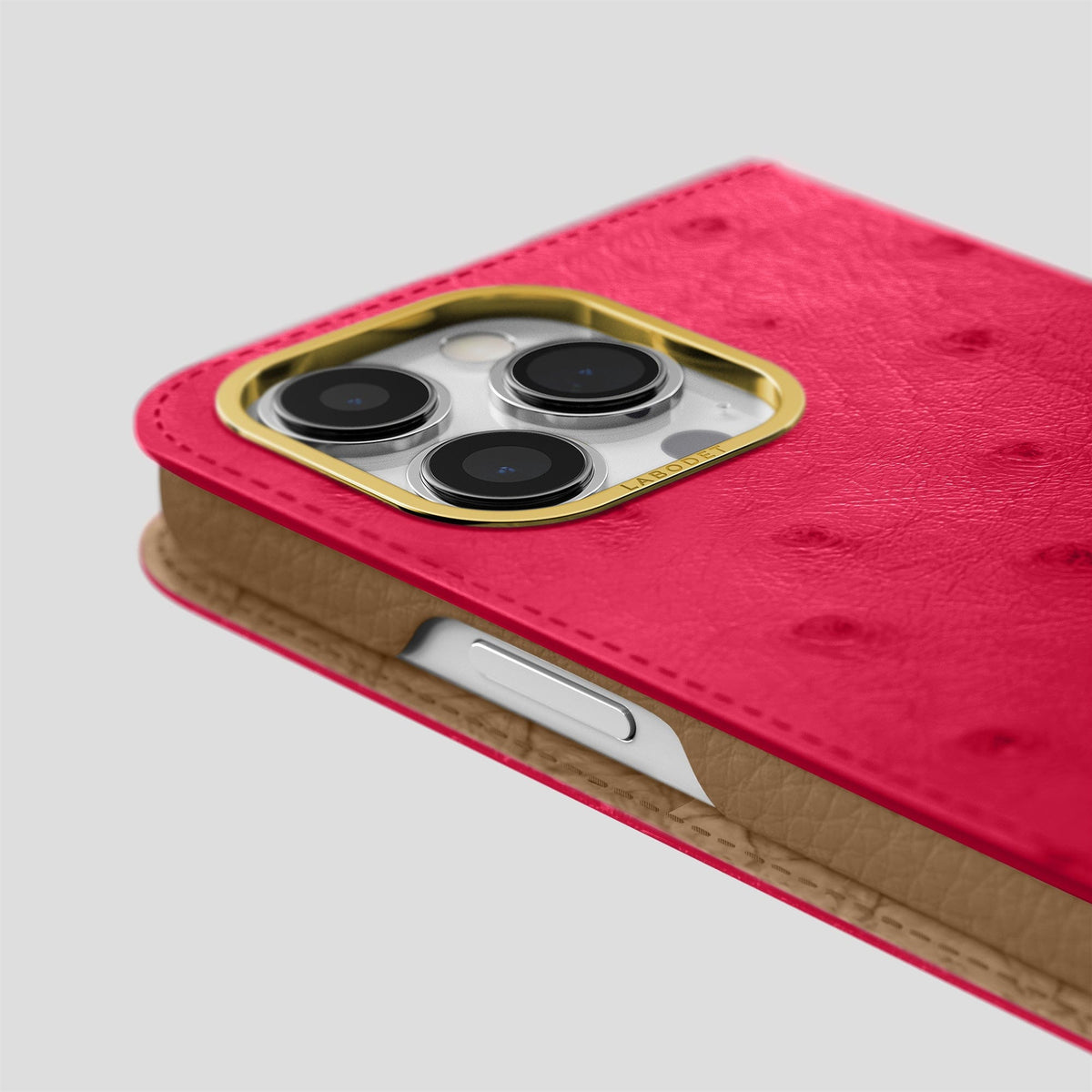 Bordeaux iPhone 15 Pro Max Folio Case Ostrich with Gold Metal -5 | Bordeaux-Gold