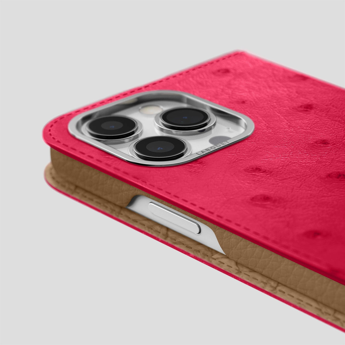 Bordeaux iPhone 15 Pro Max Folio Case Ostrich with Steel Metal -5 | Bordeaux-Steel
