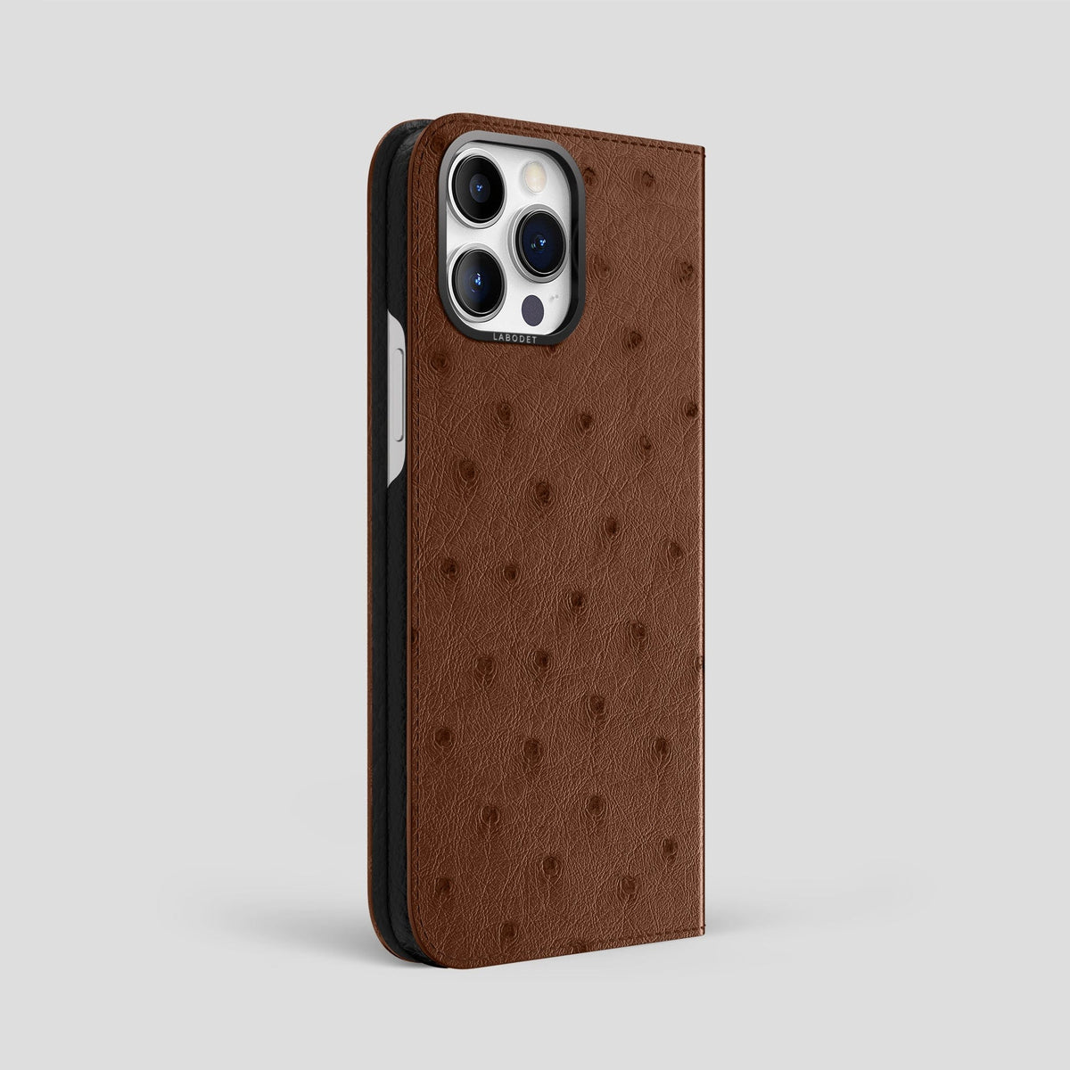 Chocolate iPhone 15 Pro Max Folio Case Ostrich with Black Metal -1 | Chocolate-Black