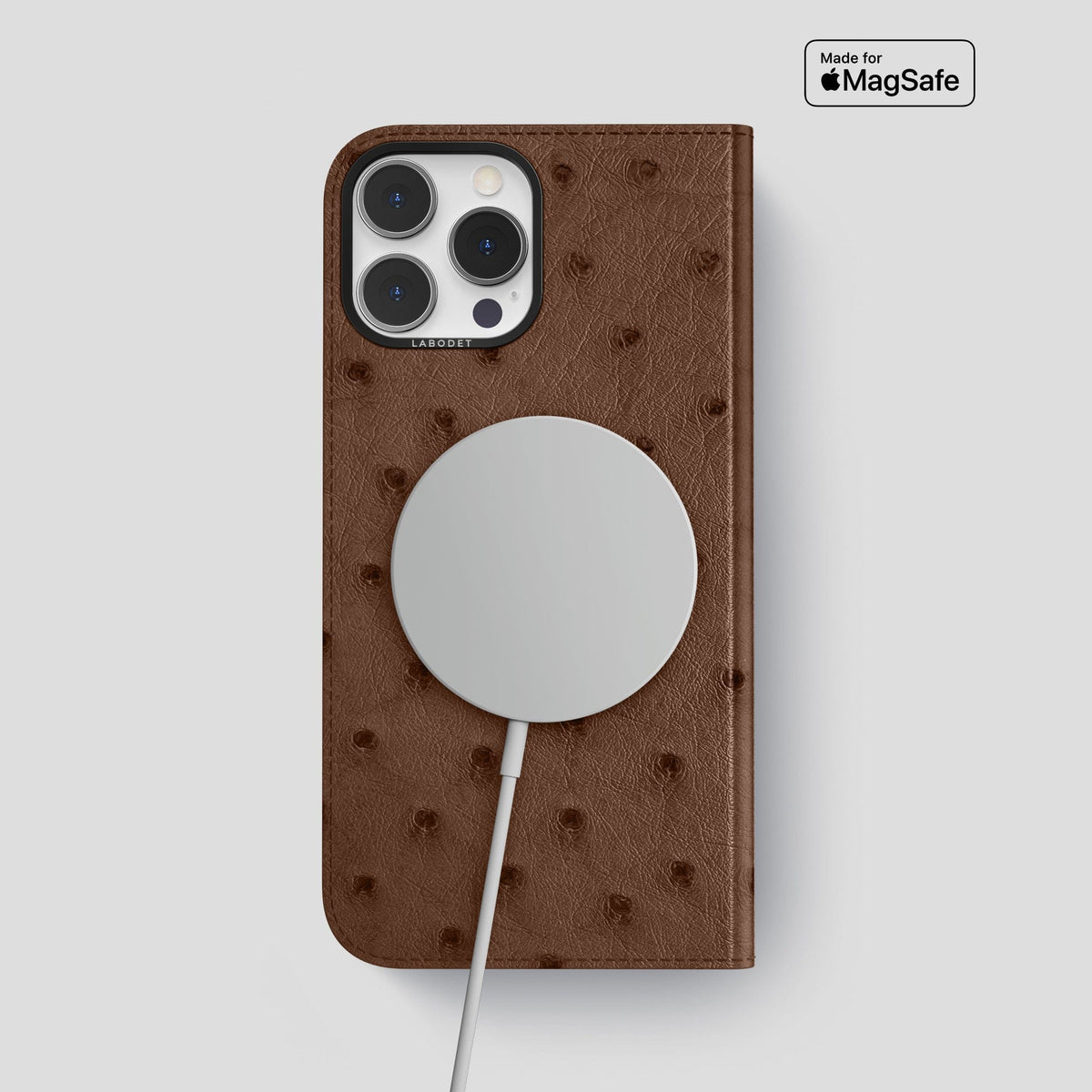 Chocolate iPhone 15 Pro Max Folio Case Ostrich with Black Metal -3 | Chocolate-Black