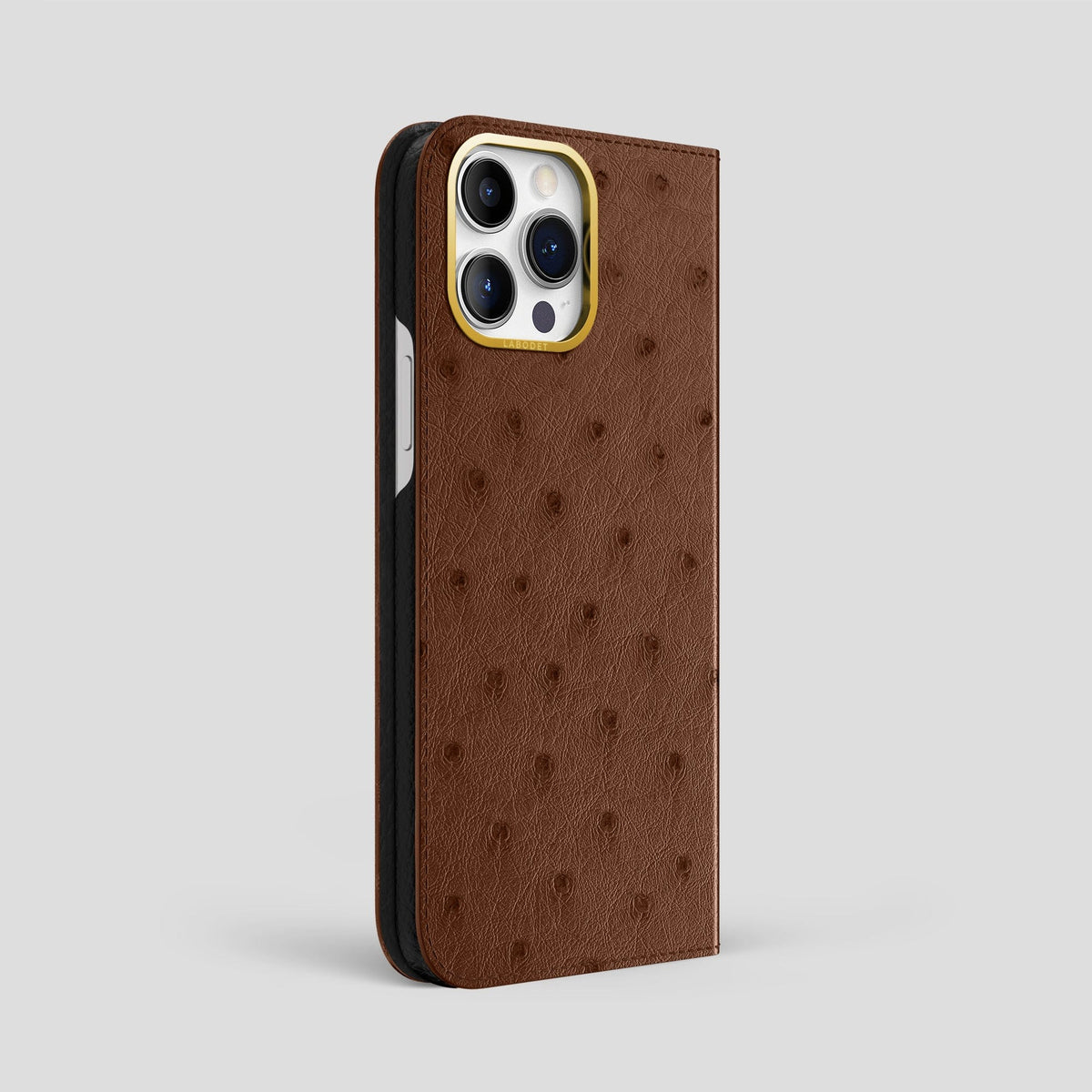 Chocolate iPhone 14 Pro Max Folio Case Ostrich with Gold Metal -1 | Chocolate-Gold
