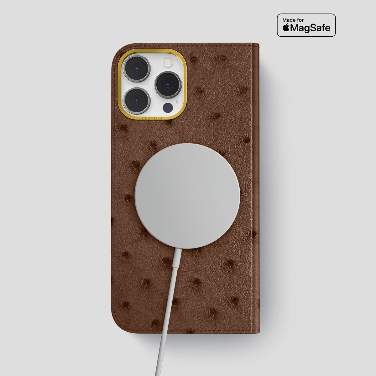 Chocolate iPhone 15 Pro Max Folio Case Ostrich with Gold Metal -3 | Chocolate-Gold