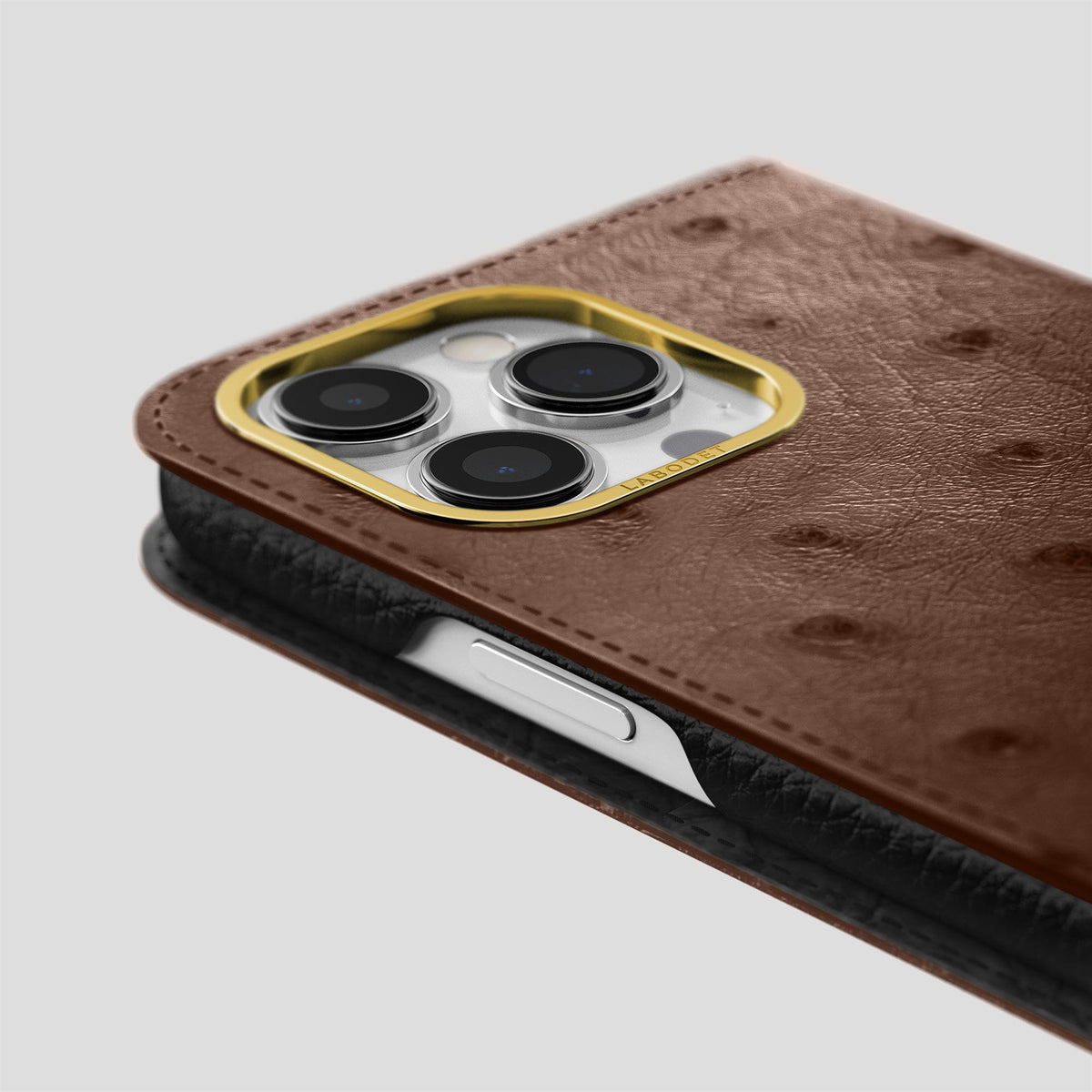 Chocolate iPhone 15 Pro Max Folio Case Ostrich with Gold Metal -5 | Chocolate-Gold