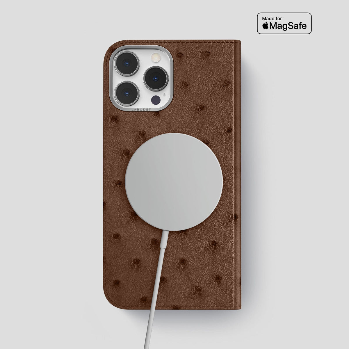 Chocolate iPhone 15 Pro Max Folio Case Ostrich with Steel Metal -3 | Chocolate-Steel