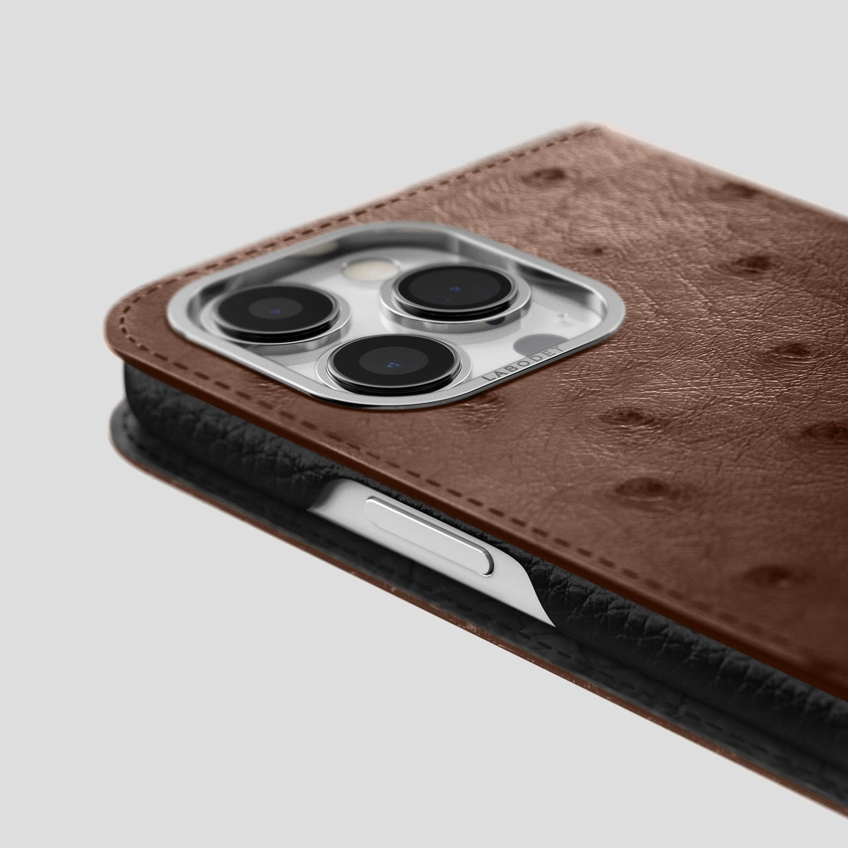 Chocolate iPhone 15 Pro Max Folio Case Ostrich with Steel Metal -5 | Chocolate-Steel
