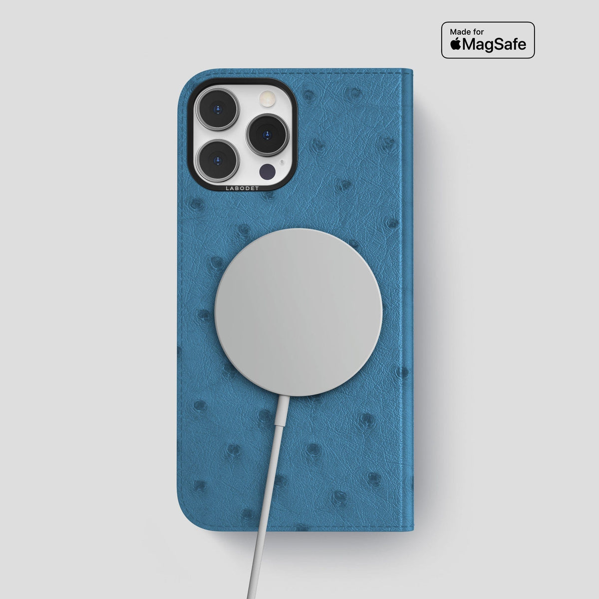 Blue-Jeans iPhone 15 Pro Max Folio Case Ostrich with Black Metal -3 | Blue-Jeans-Black