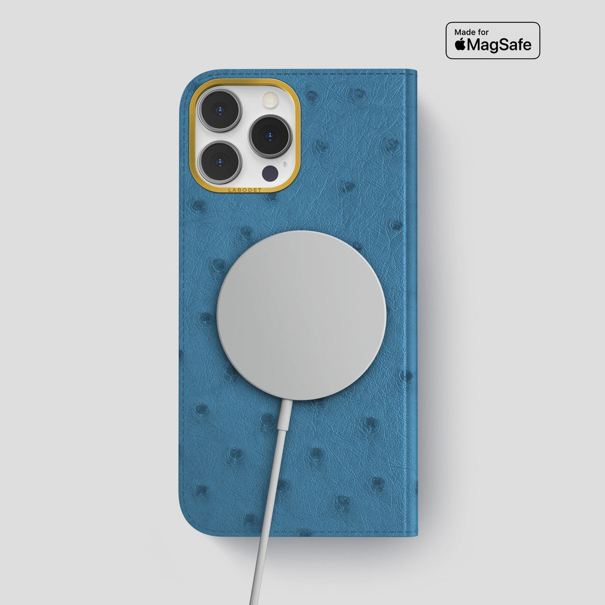 Blue-Jeans iPhone 14 Pro Max Folio Case Ostrich with Gold Metal -3 | Blue-Jeans-Gold