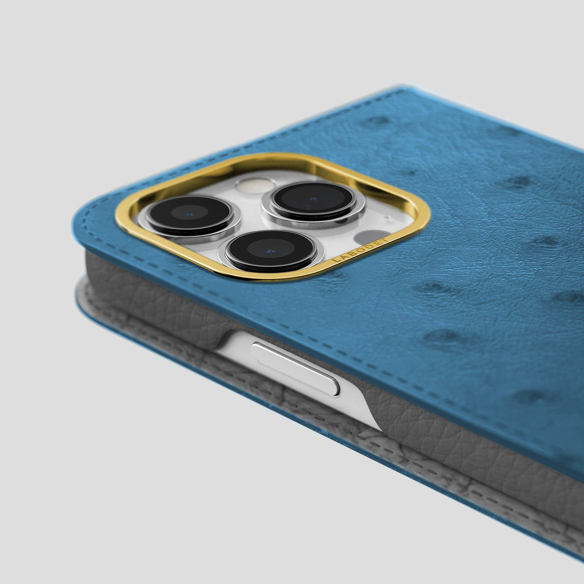 Blue-Jeans iPhone 15 Pro Max Folio Case Ostrich with Gold Metal -5 | Blue-Jeans-Gold