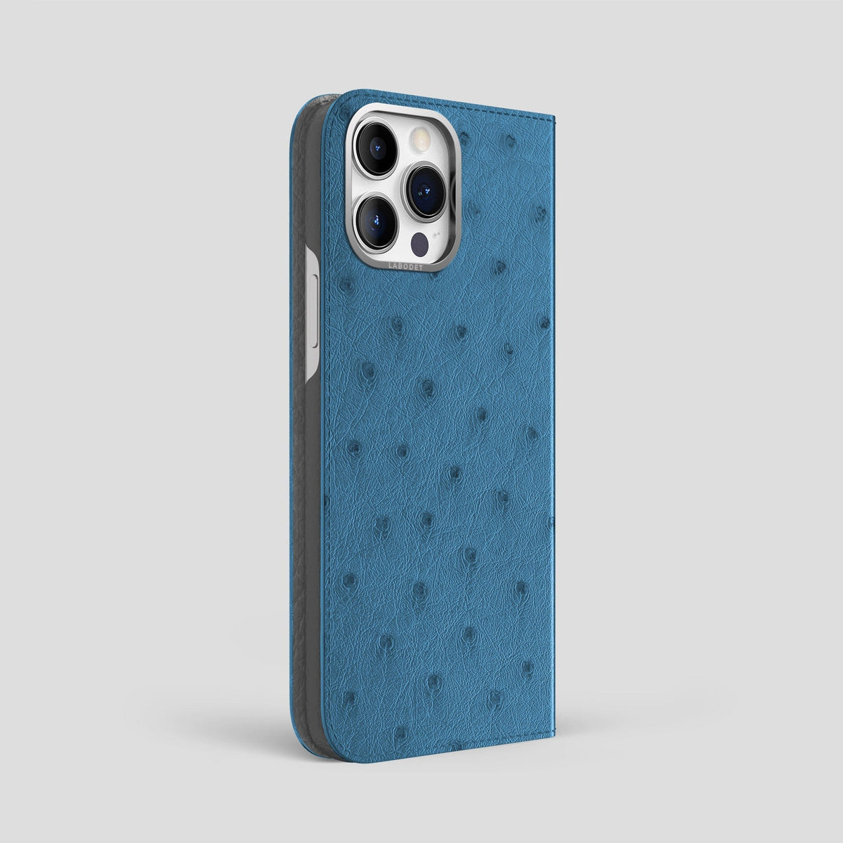 Blue-Jeans iPhone 15 Pro Max Folio Case Ostrich with Steel Metal -1 | Blue-Jeans-Steel