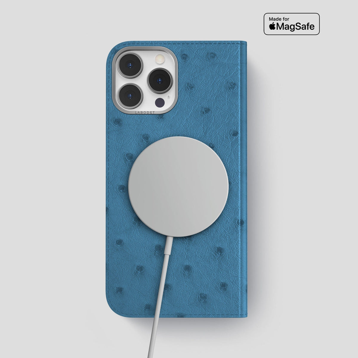 Blue-Jeans iPhone 15 Pro Max Folio Case Ostrich with Steel Metal -3 | Blue-Jeans-Steel