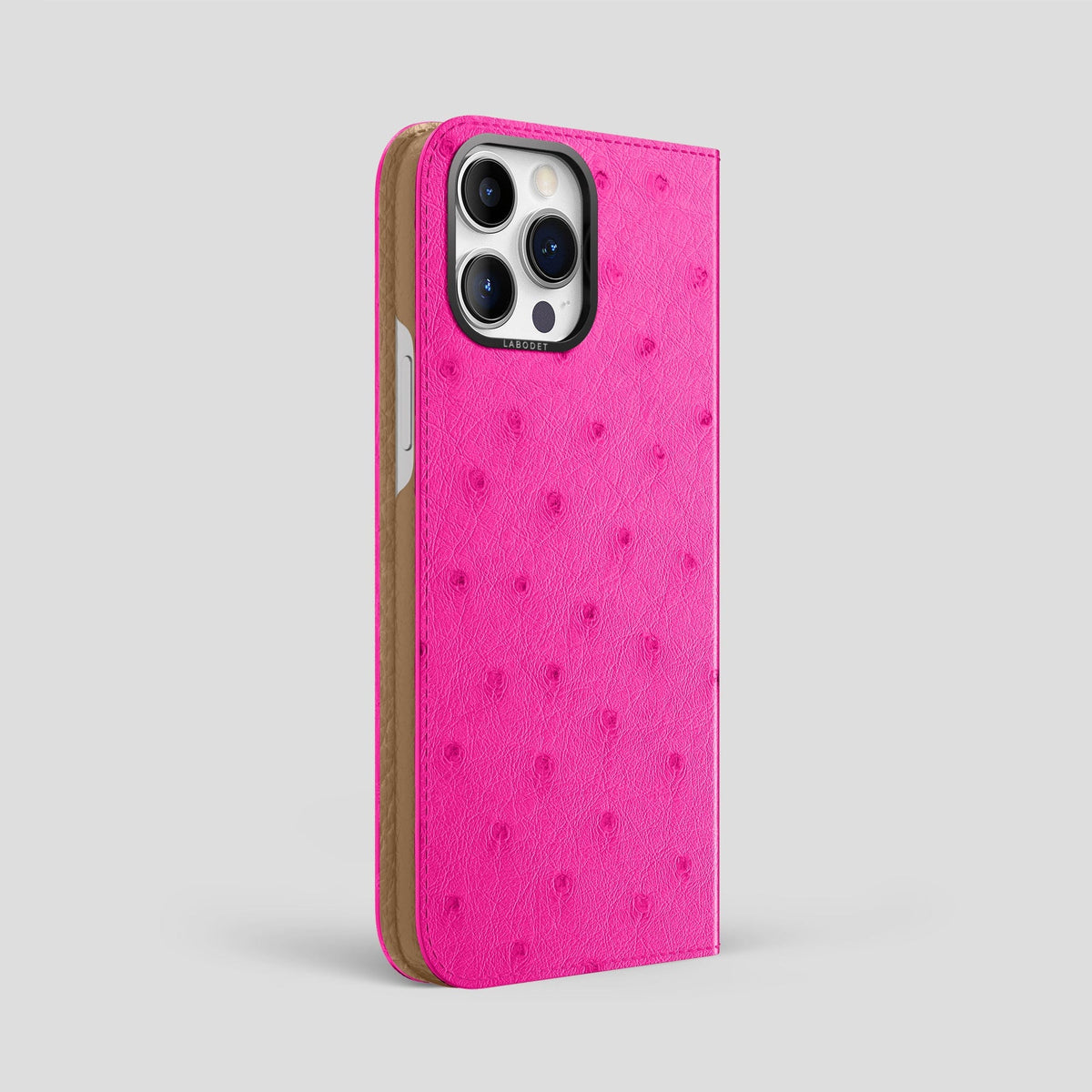 Fuchsia iPhone 15 Pro Max Folio Case Ostrich with Black Metal -1 | Fuchsia-Black