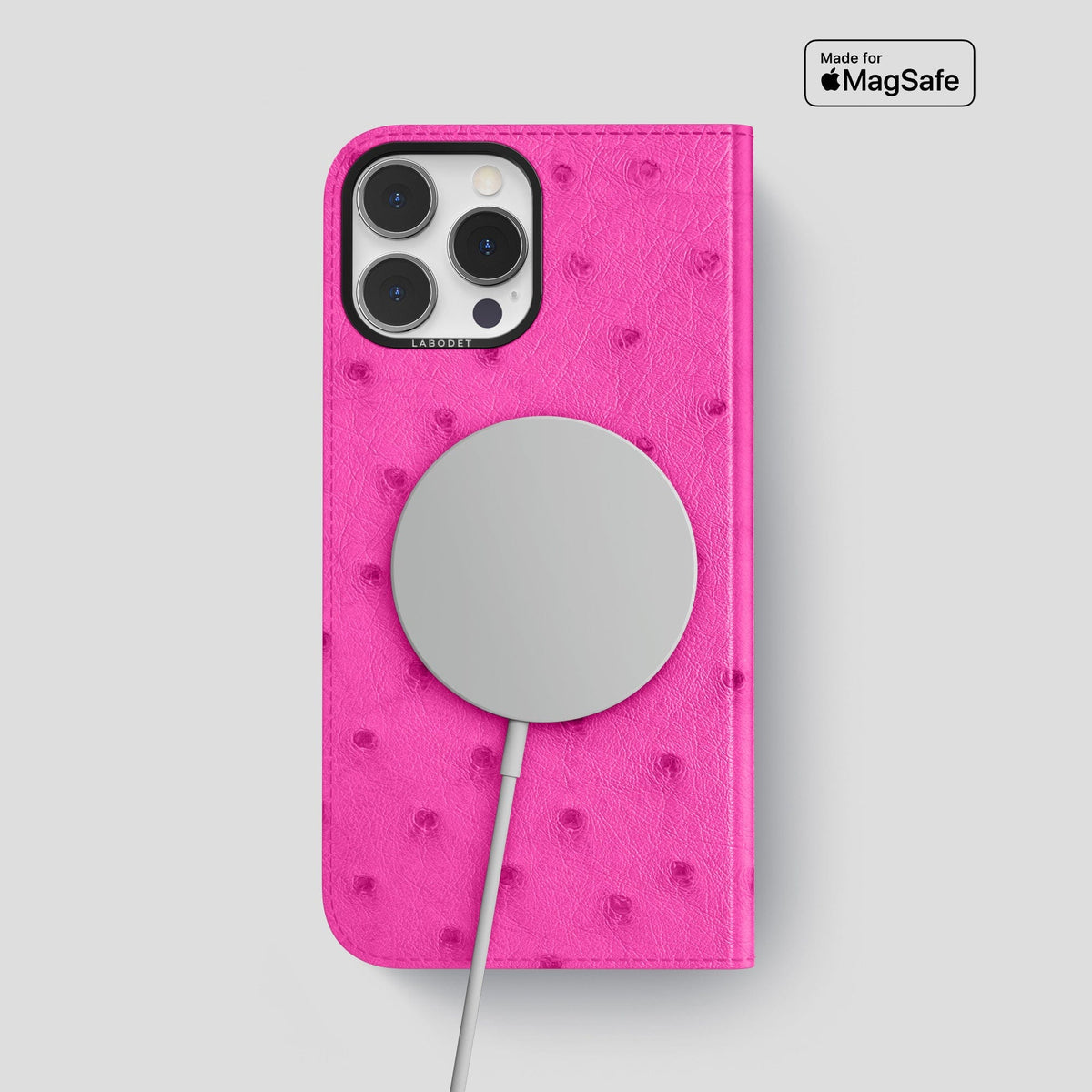 Fuchsia iPhone 14 Pro Max Folio Case Ostrich with Black Metal -3 | Fuchsia-Black