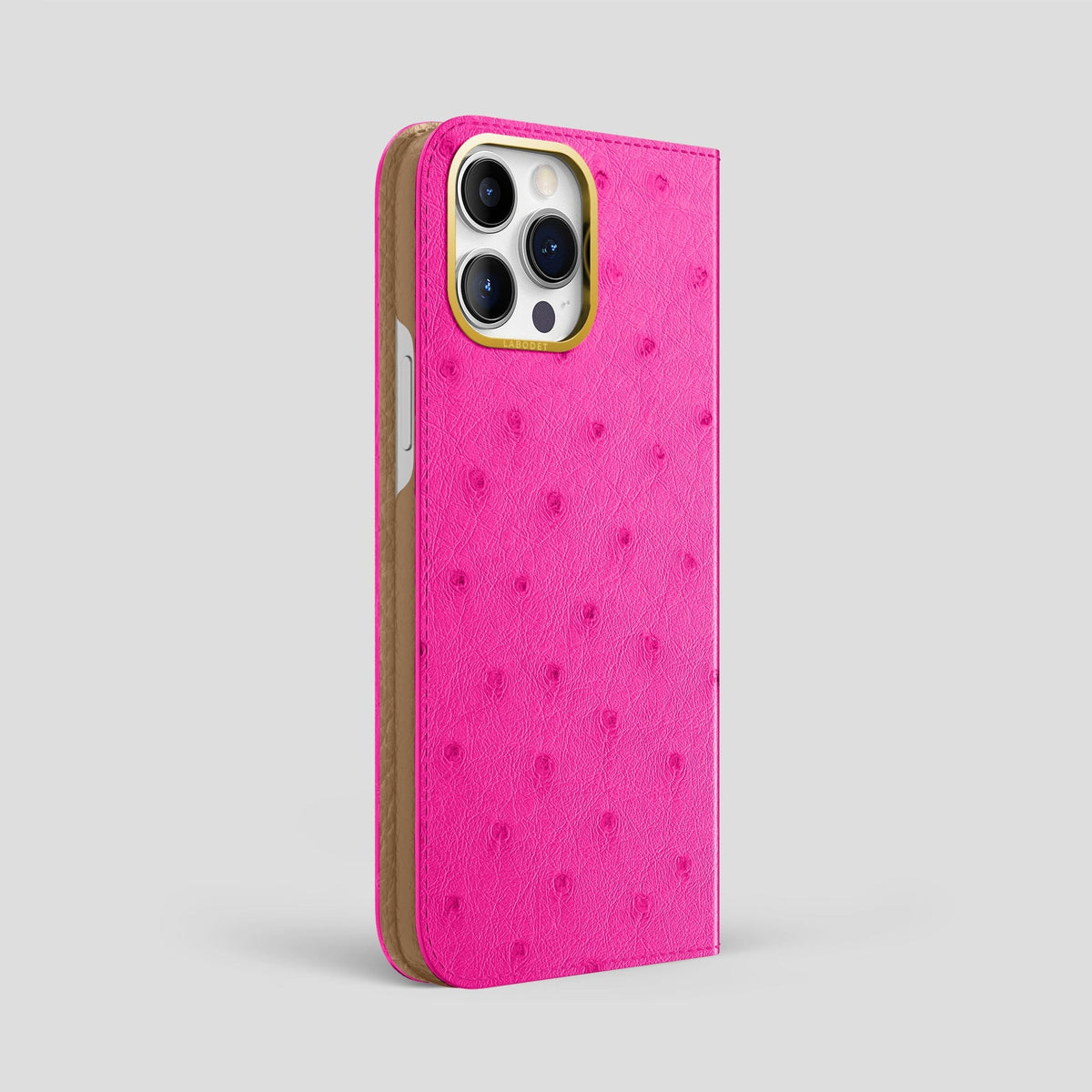 Fuchsia iPhone 15 Pro Max Folio Case Ostrich with Gold Metal -1 | Fuchsia-Gold