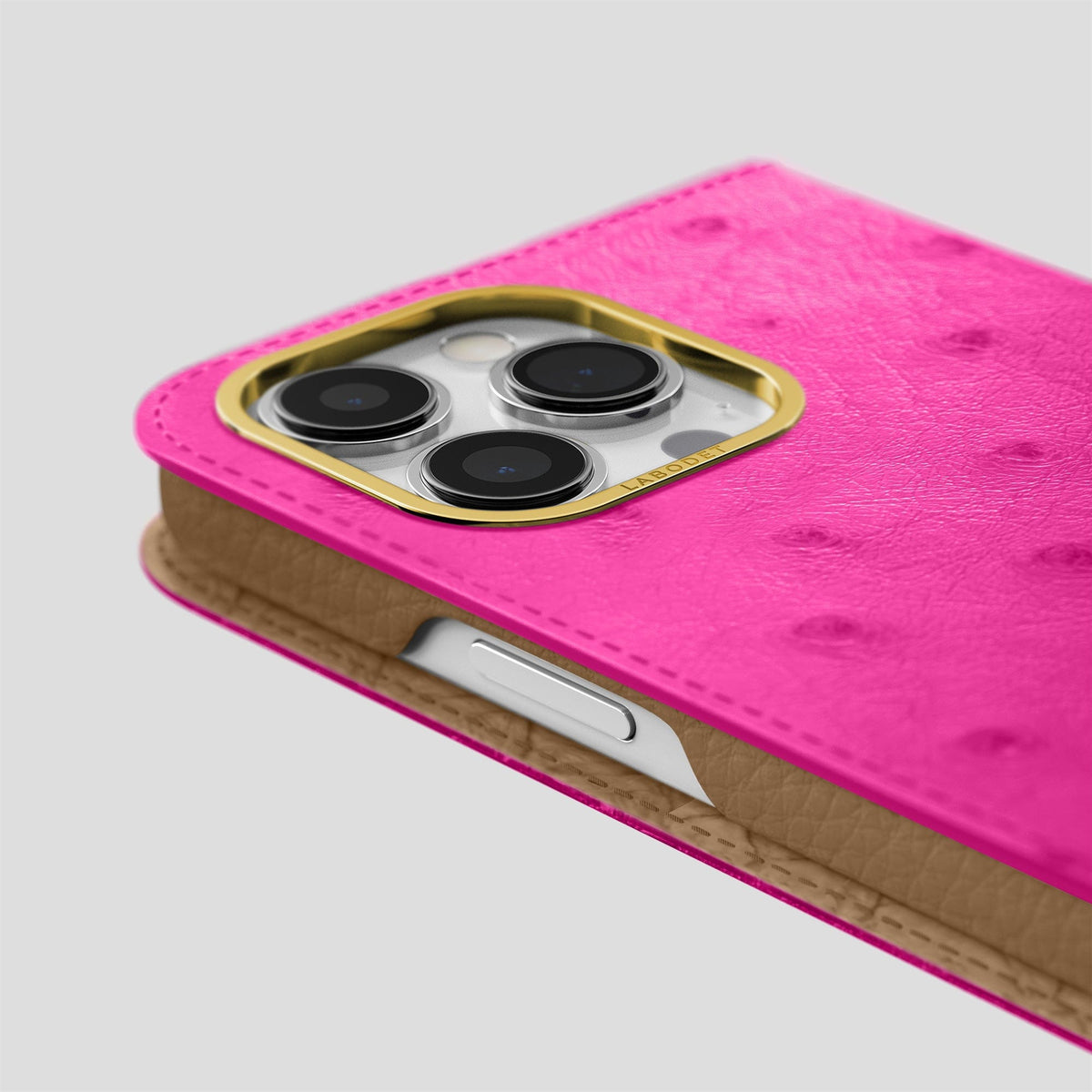 Fuchsia iPhone 15 Pro Max Folio Case Ostrich with Gold Metal -5 | Fuchsia-Gold