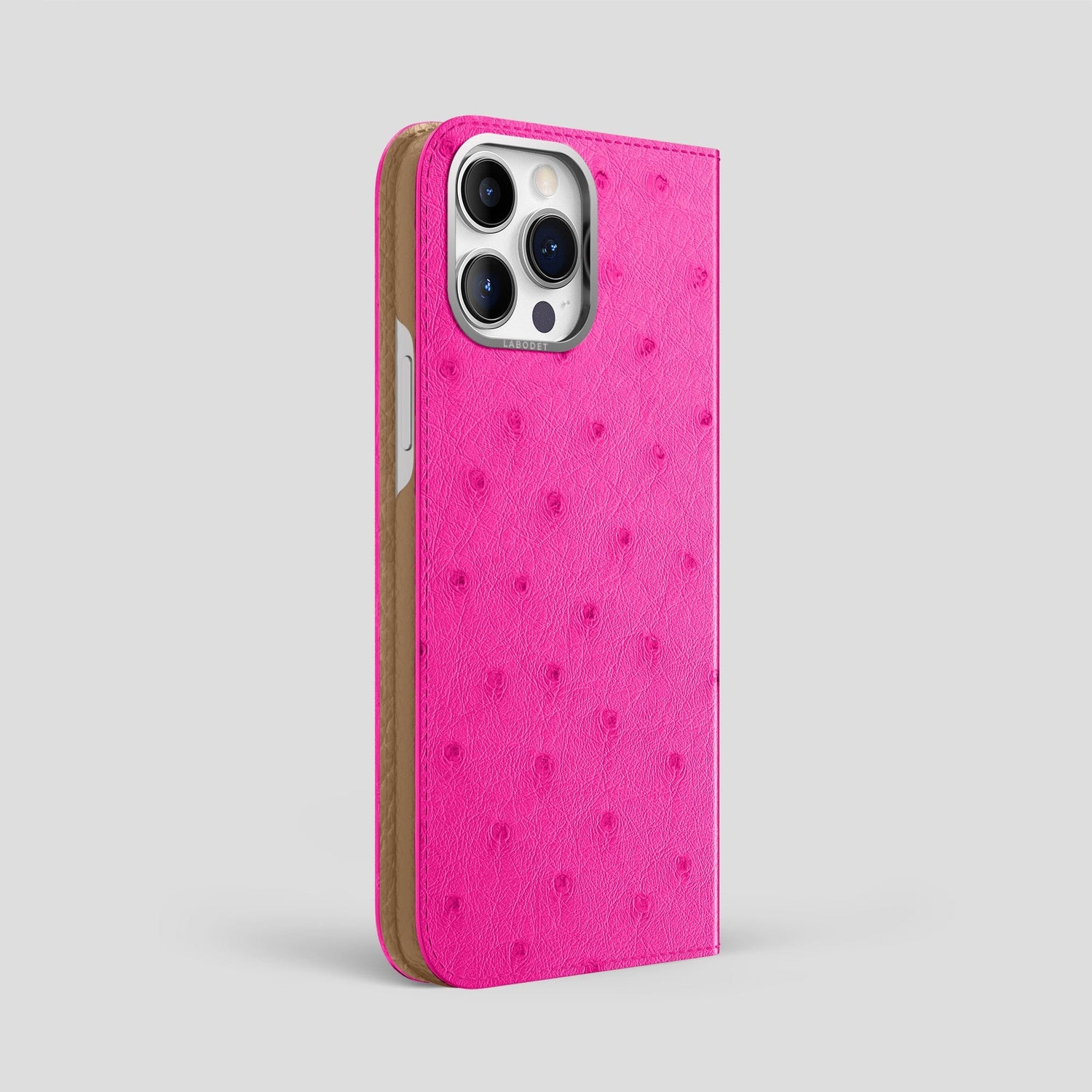 Fuchsia iPhone 15 Pro Max Folio Case Ostrich with Steel Metal -1 | Fuchsia-Steel