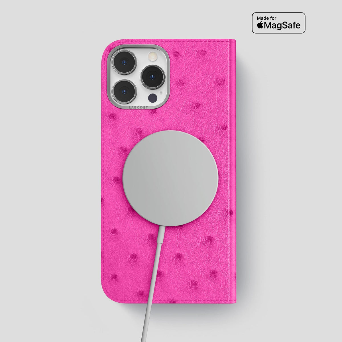 Fuchsia iPhone 15 Pro Max Folio Case Ostrich with Steel Metal -3 | Fuchsia-Steel