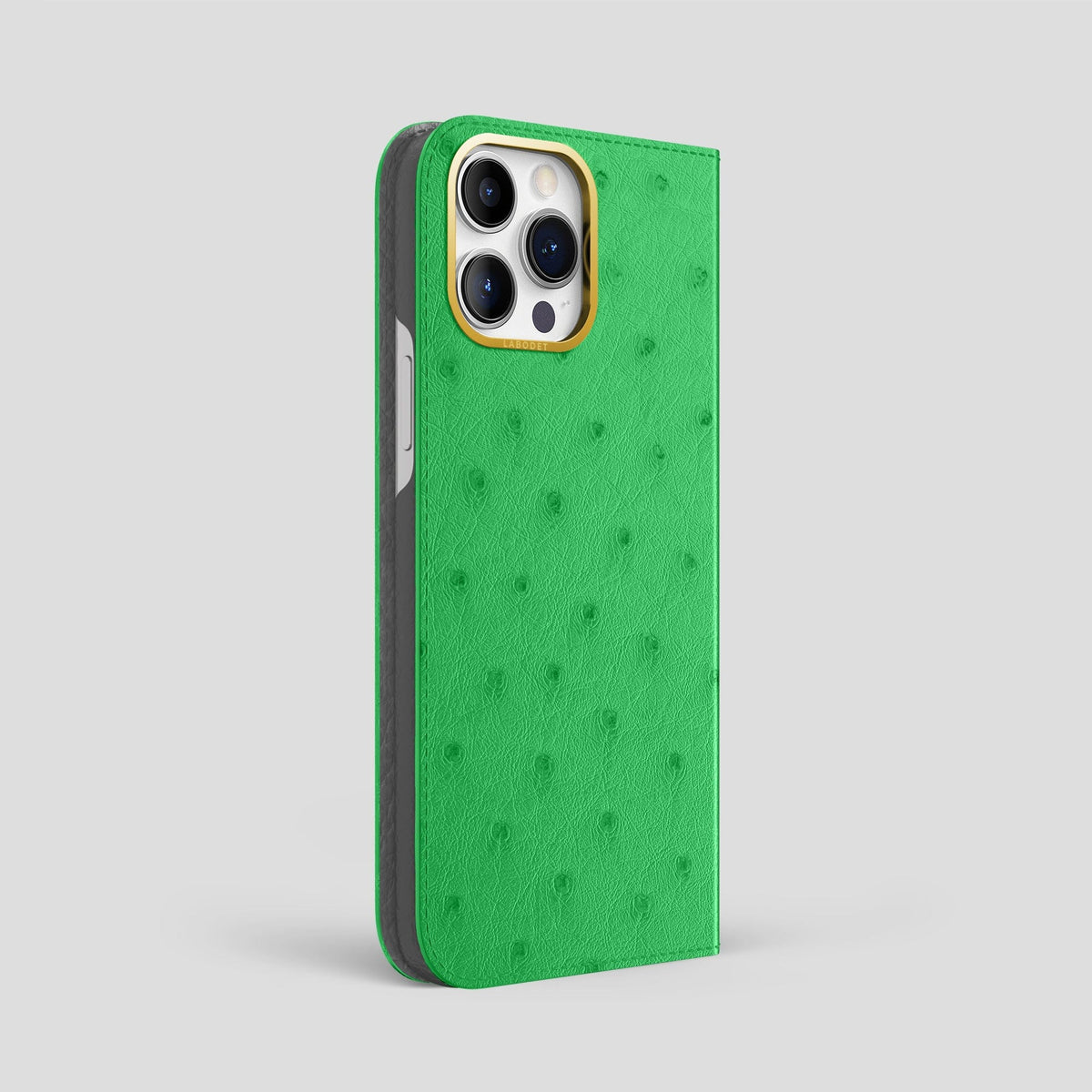 Kentucky Green iPhone 15 Pro Max Folio Case Ostrich with Gold Metal -1 | Kentucky-Green-Gold