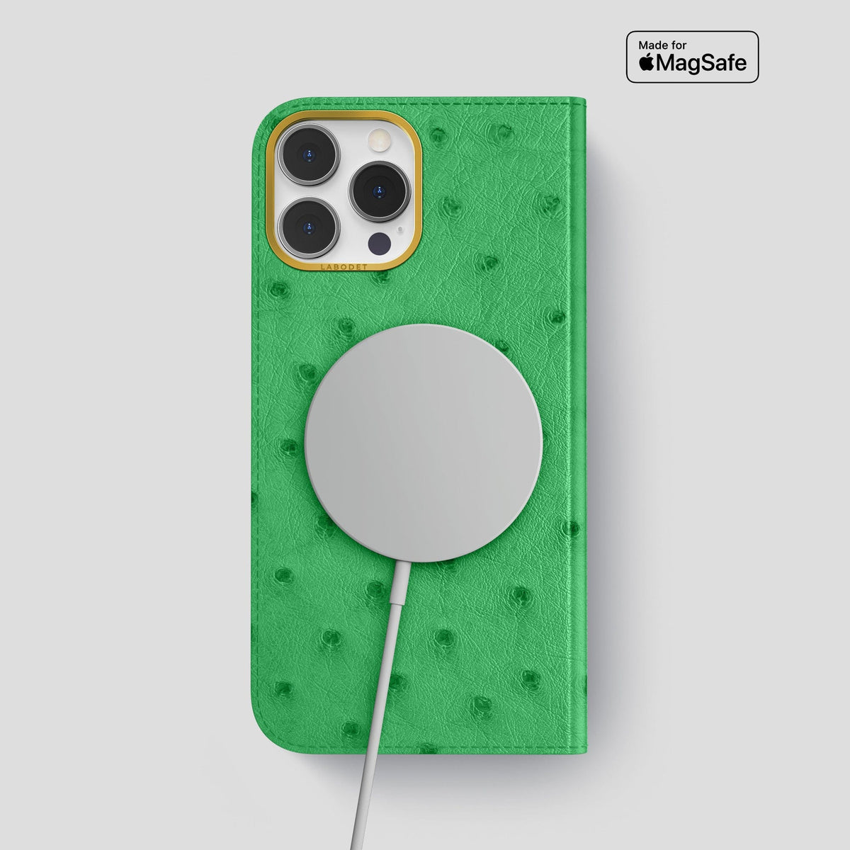 Kentucky Green iPhone 15 Pro Max Folio Case Ostrich with Gold Metal -3 | Kentucky-Green-Gold