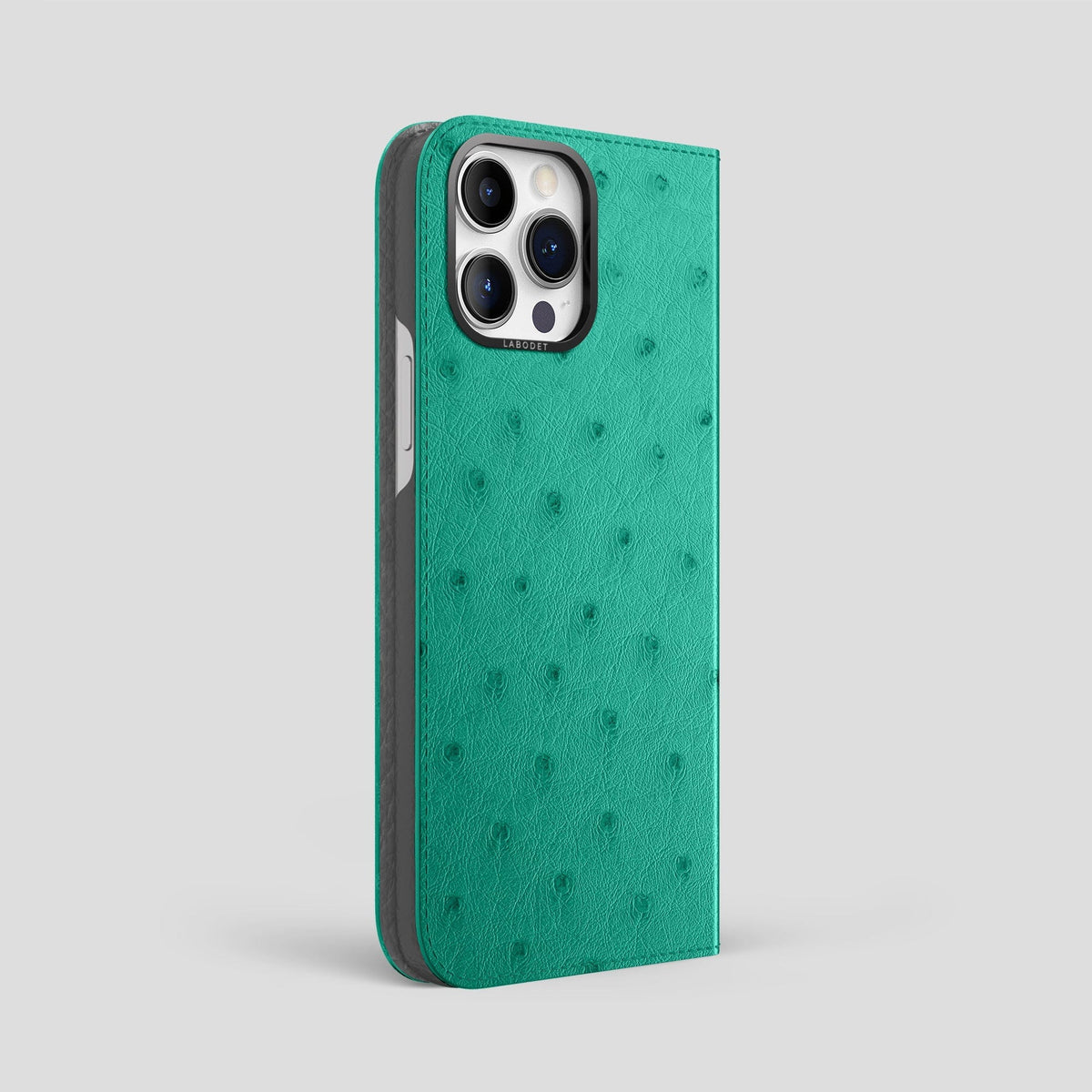 Turquoise iPhone 14 Pro Max Folio Case Ostrich with Black Metal -1 | Turquoise-Black