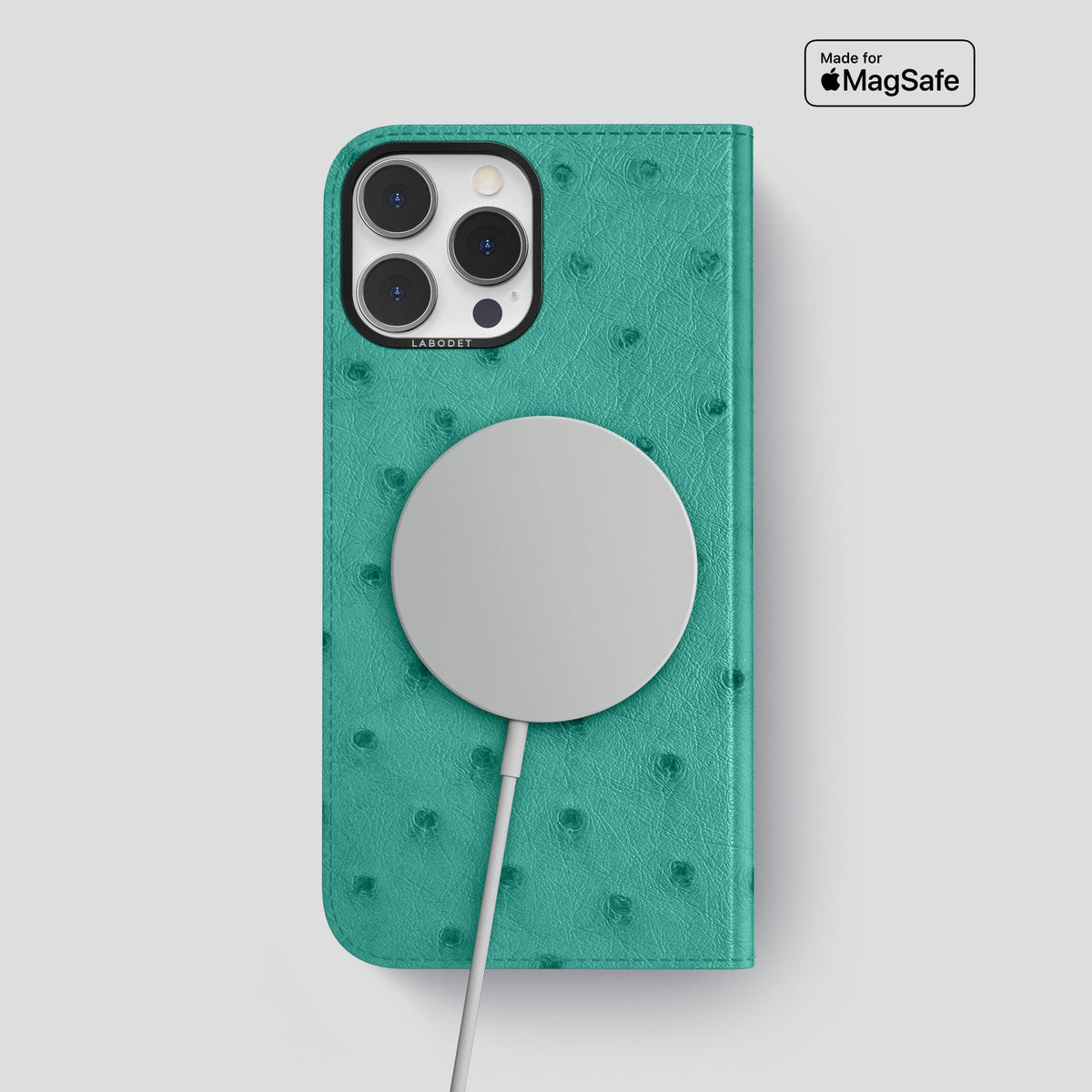 Turquoise iPhone 15 Pro Max Folio Case Ostrich with Black Metal -3 | Turquoise-Black