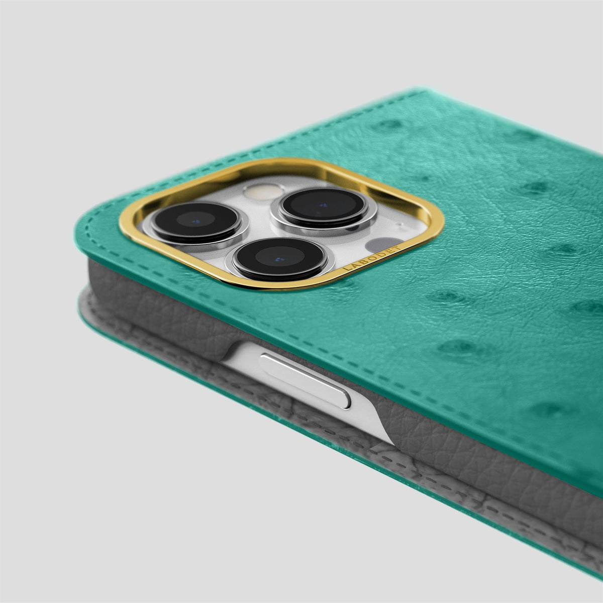 Turquoise iPhone 15 Pro Max Folio Case Ostrich with Gold Metal -5 | Turquoise-Gold