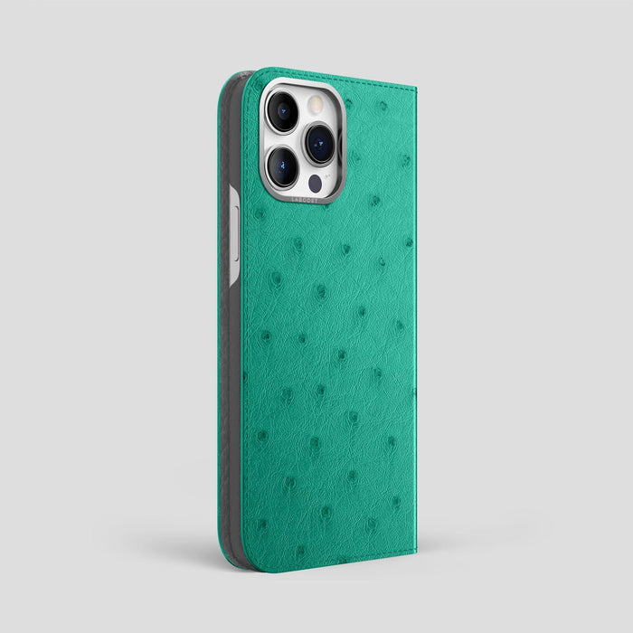 Turquoise iPhone 14 Pro Max Folio Case Ostrich with Steel Metal -1 | Turquoise-Steel