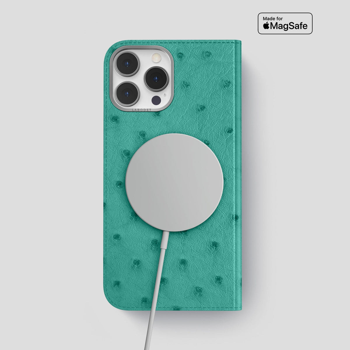 Turquoise iPhone 14 Pro Max Folio Case Ostrich with Steel Metal -3 | Turquoise-Steel