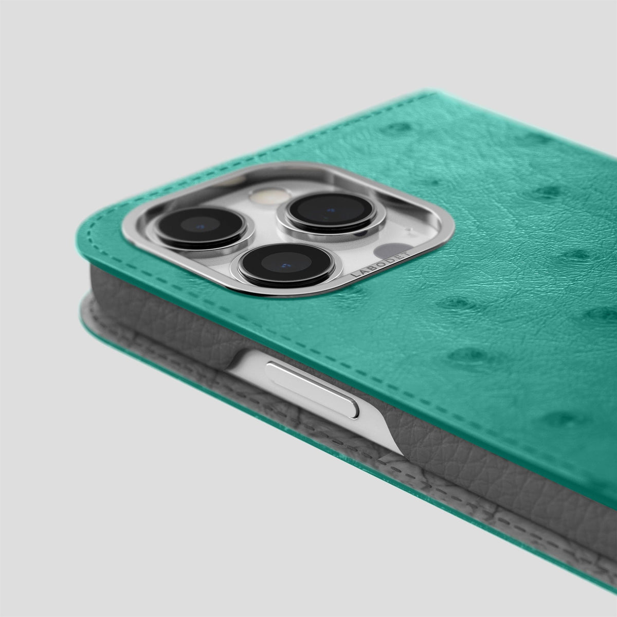 Turquoise iPhone 14 Pro Max Folio Case Ostrich with Steel Metal -5 | Turquoise-Steel