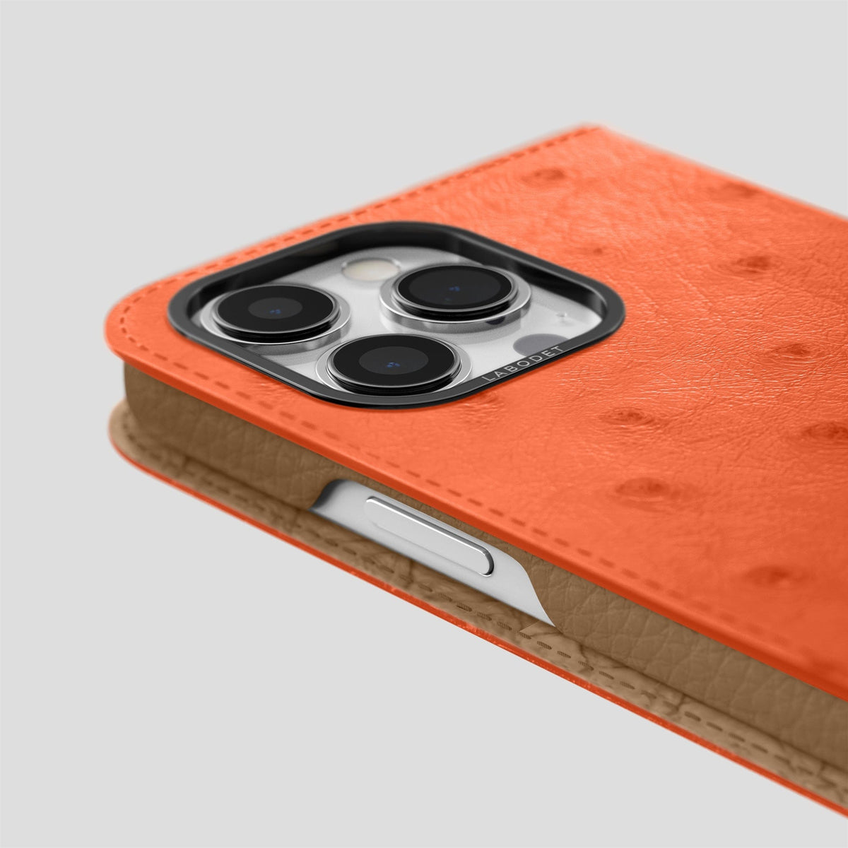 Orange iPhone 15 Pro Max Folio Case Ostrich with Black Metal -5 | Orange-Black