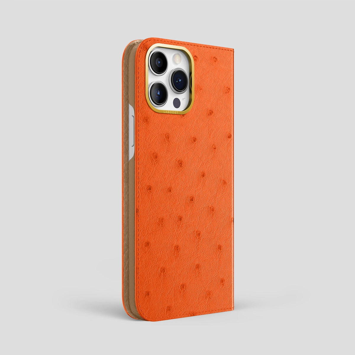 Orange iPhone 15 Pro Max Folio Case Ostrich with Gold Metal -1 | Orange-Gold