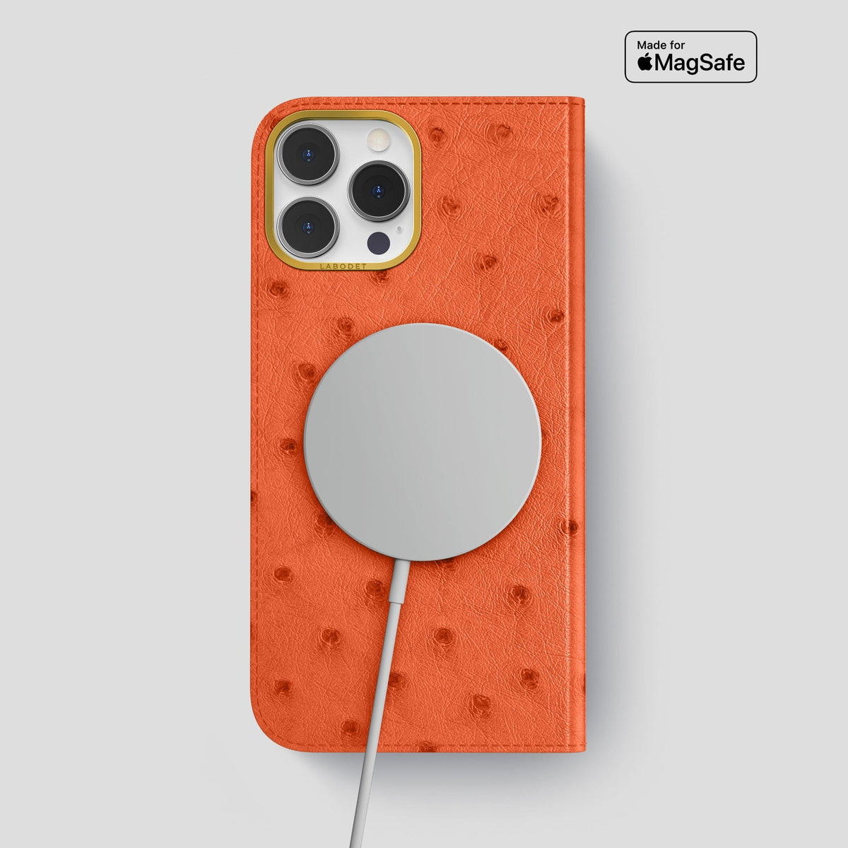 Orange iPhone 15 Pro Max Folio Case Ostrich with Gold Metal -3 | Orange-Gold