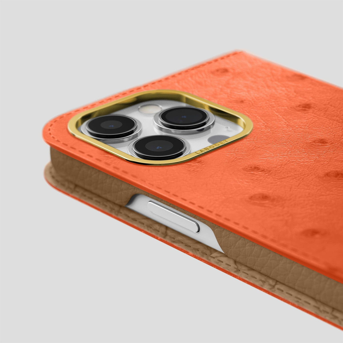 Orange iPhone 15 Pro Max Folio Case Ostrich with Gold Metal -5 | Orange-Gold