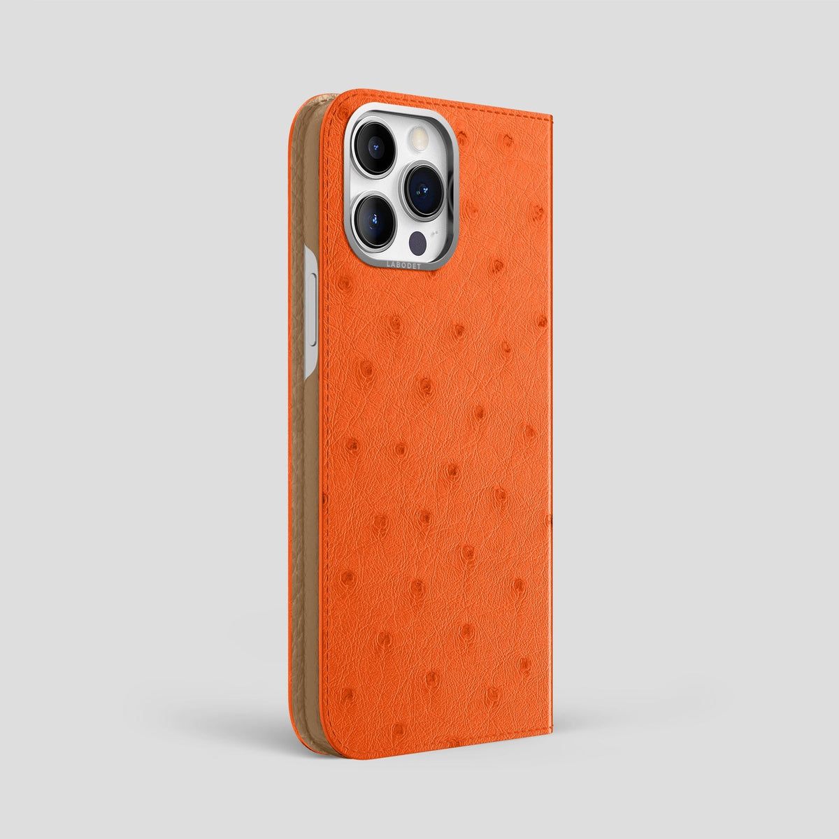 Orange iPhone 14 Pro Max Folio Case Ostrich with Steel Metal -1 | Orange-Steel