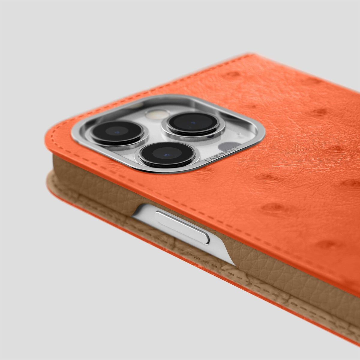 Orange iPhone 15 Pro Max Folio Case Ostrich with Steel Metal -5 | Orange-Steel