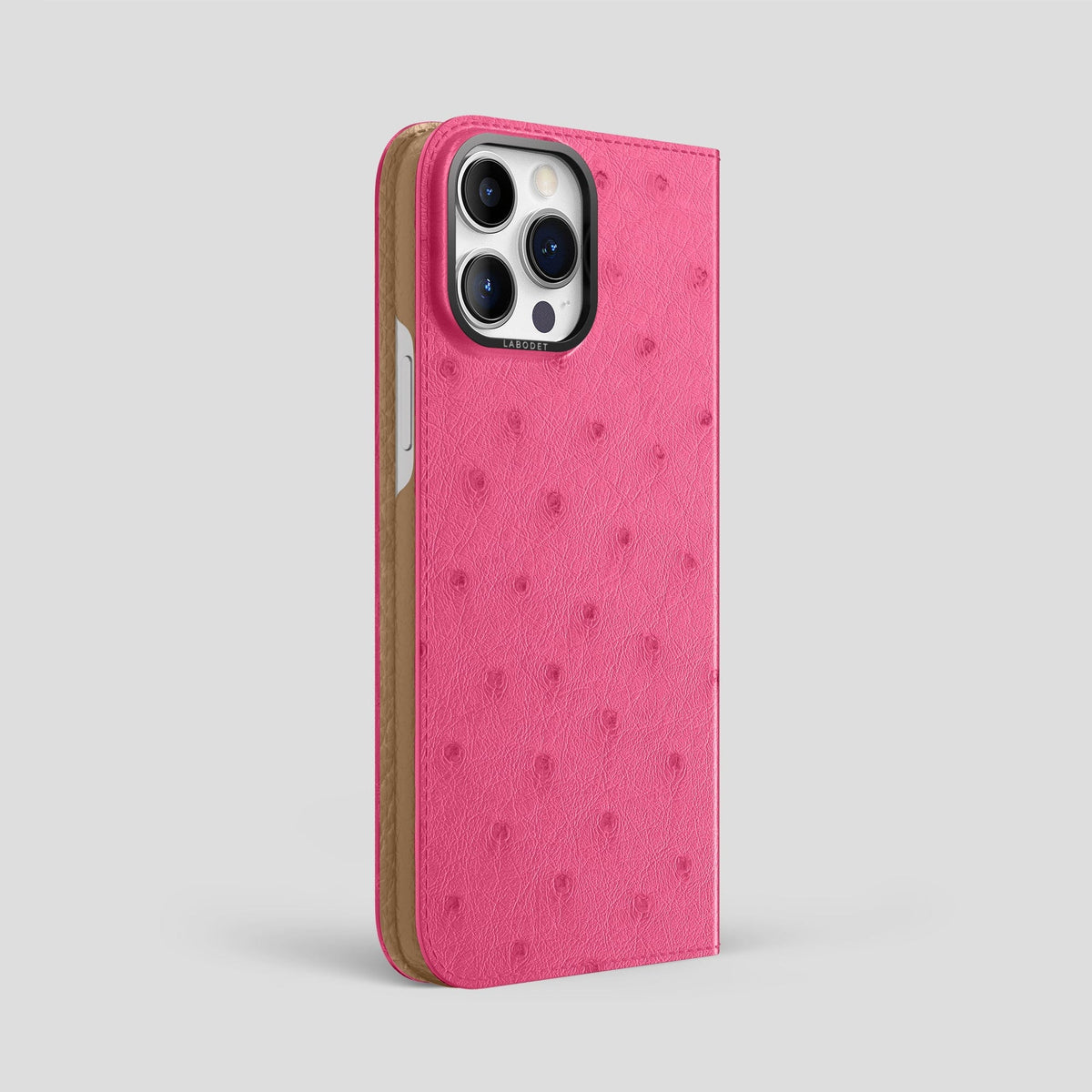 Petal Pink iPhone 15 Pro Max Folio Case Ostrich with Black Metal -1 | Petal-Pink-Black