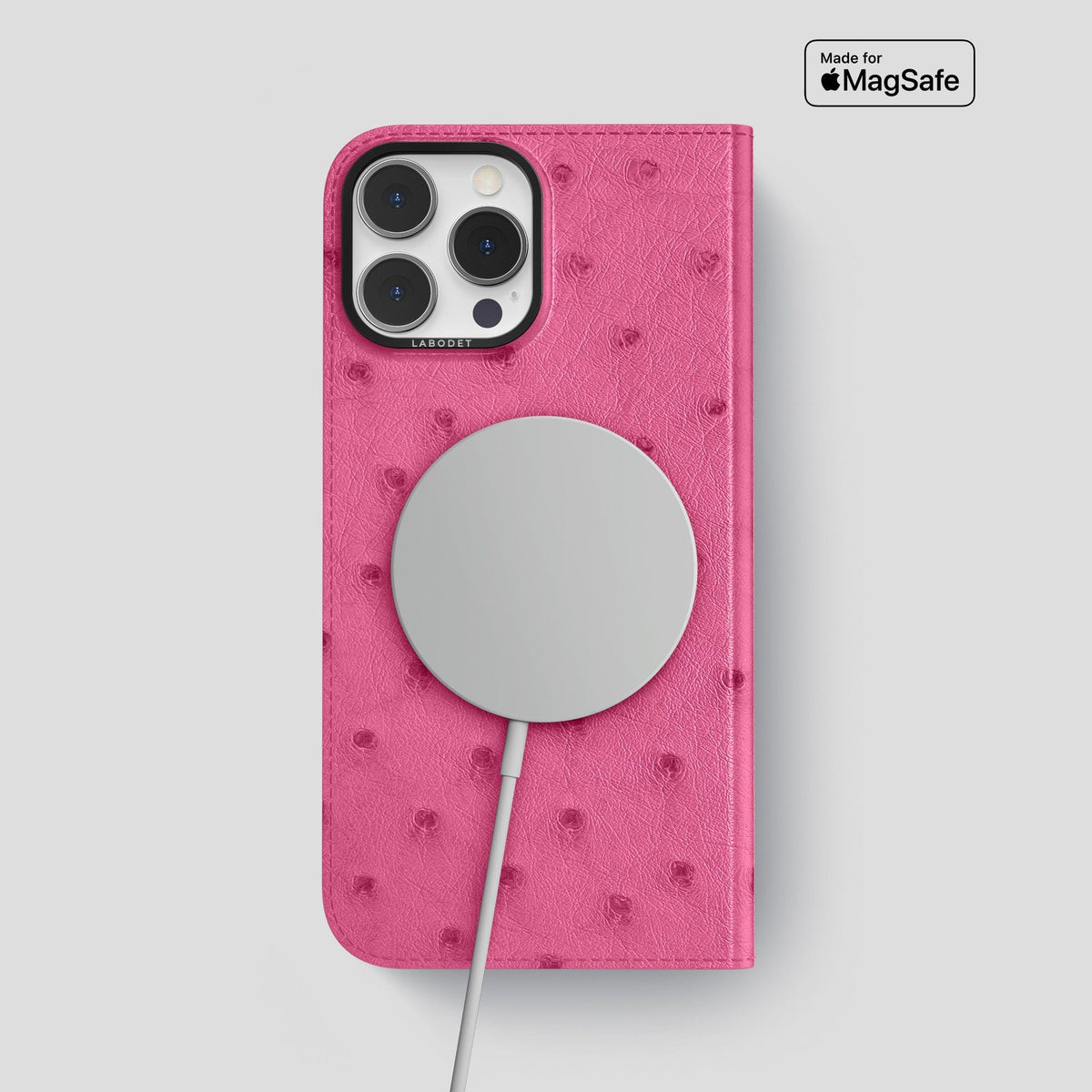 Petal Pink iPhone 15 Pro Max Folio Case Ostrich with Black Metal -3 | Petal-Pink-Black
