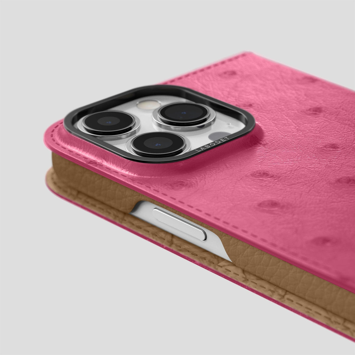 Petal Pink iPhone 15 Pro Max Folio Case Ostrich with Black Metal -5 | Petal-Pink-Black