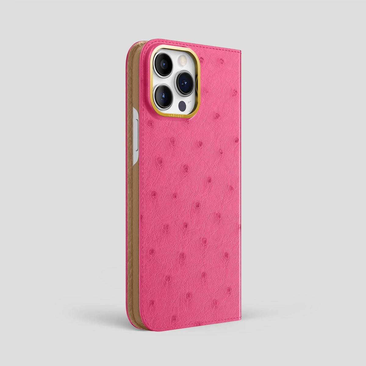 Petal Pink iPhone 15 Pro Max Folio Case Ostrich with Gold Metal -1 | Petal-Pink-Gold