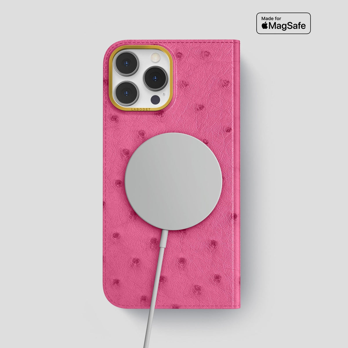 Petal Pink iPhone 15 Pro Max Folio Case Ostrich with Gold Metal -3 | Petal-Pink-Gold