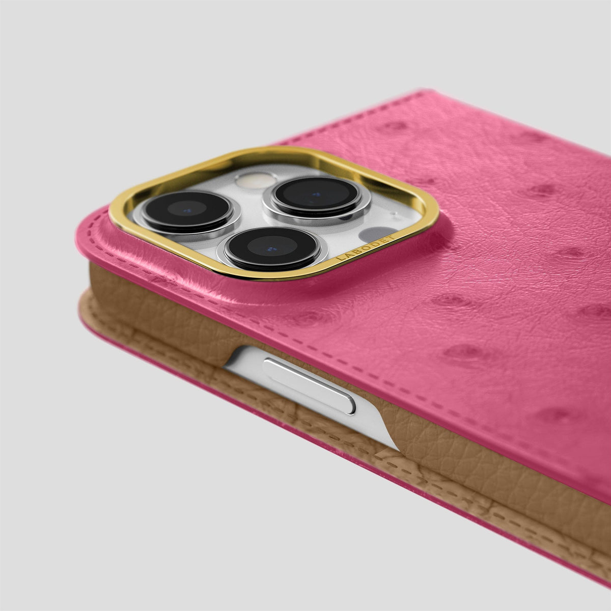 Petal Pink iPhone 15 Pro Max Folio Case Ostrich with Gold Metal -5 | Petal-Pink-Gold
