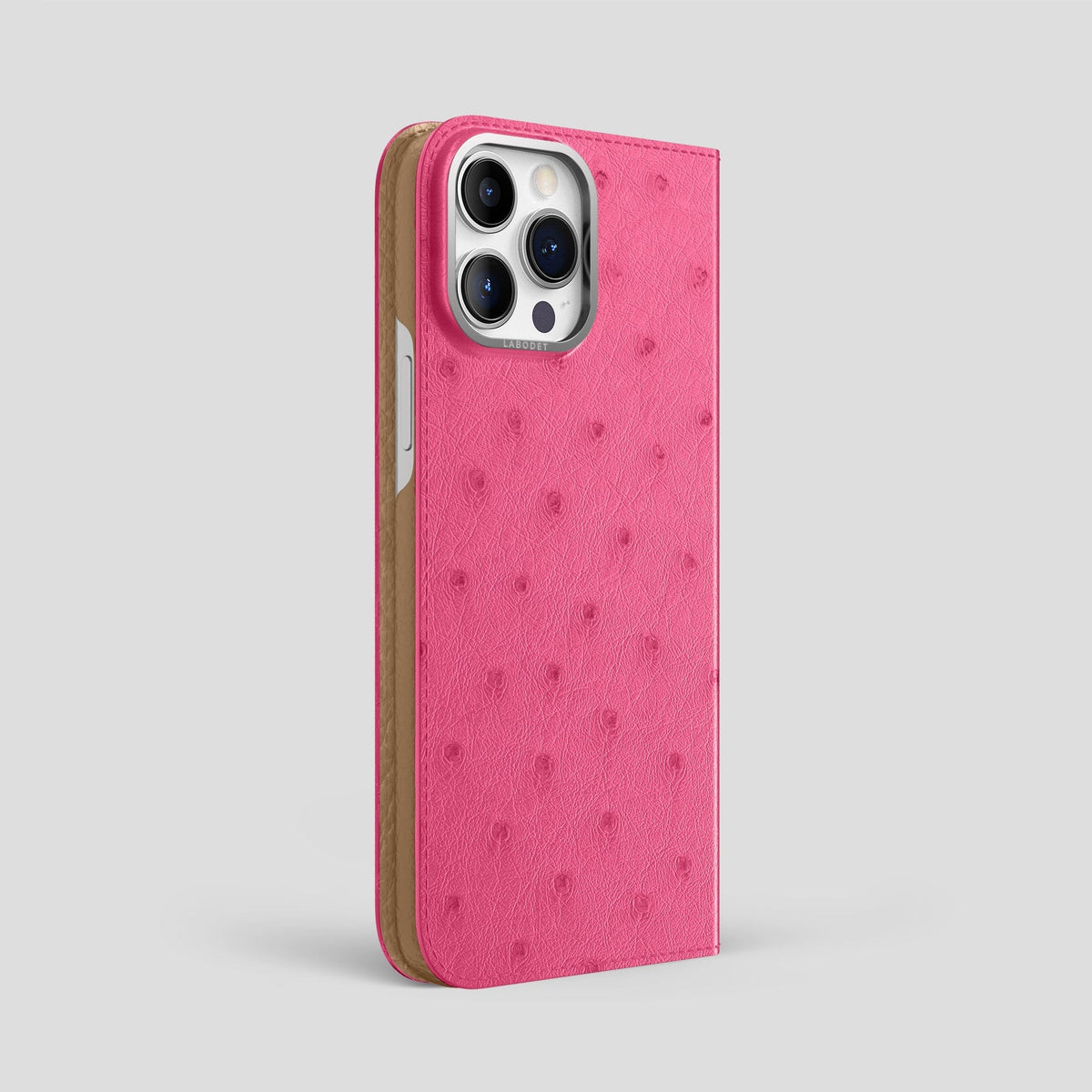 Petal Pink iPhone 15 Pro Max Folio Case Ostrich with Steel Metal -1 | Petal-Pink-Steel