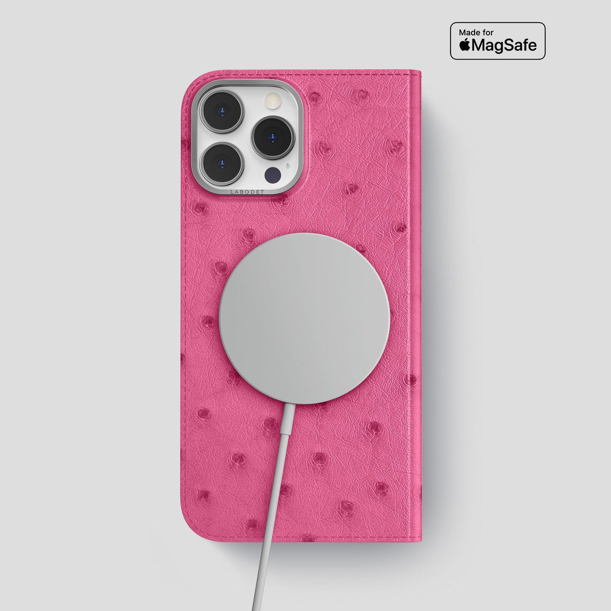 Petal Pink iPhone 15 Pro Max Folio Case Ostrich with Steel Metal -3 | Petal-Pink-Steel